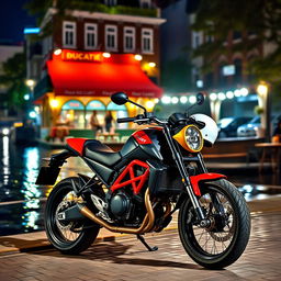 A hyper-realistic image of a Ducati Scrambler nightshirt painted in a striking black and red color scheme, featuring shiny alloy wheels parked in front of a charming riverside cafe at night