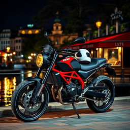 A hyper-realistic image of a Ducati Scrambler nightshirt painted in a striking black and red color scheme, featuring shiny alloy wheels parked in front of a charming riverside cafe at night