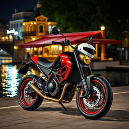 A hyper-realistic image of a Ducati Scrambler nightshirt painted in a striking black and red color scheme, featuring shiny alloy wheels parked in front of a charming riverside cafe at night