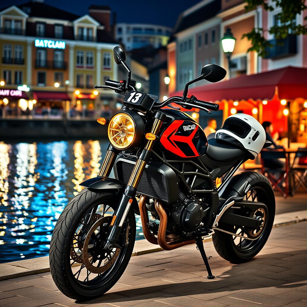 A hyper-realistic image of a Ducati Scrambler nightshirt painted in a striking black and red color scheme, featuring shiny alloy wheels parked in front of a charming riverside cafe at night