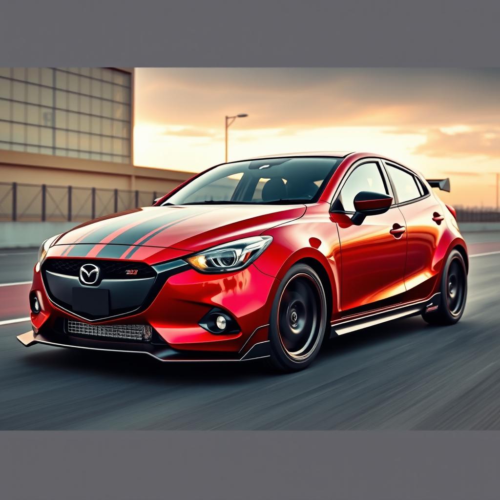 Imagine a powerful Mazda 2 sedan transformed into a muscle car, featuring an aggressive and muscular bodykit with a wider stance and pronounced wheel arches