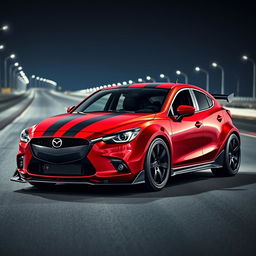 Imagine a powerful Mazda 2 sedan transformed into a muscle car, featuring an aggressive and muscular bodykit with a wider stance and pronounced wheel arches