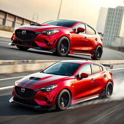 Imagine a powerful Mazda 2 sedan transformed into a muscle car, featuring an aggressive and muscular bodykit with a wider stance and pronounced wheel arches