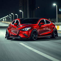 Imagine a powerful Mazda 2 sedan transformed into a muscle car, featuring an aggressive and muscular bodykit with a wider stance and pronounced wheel arches