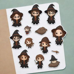 Adorable, animated sticker cutouts with a Harry Potter theme and transparent backgrounds. Include charm-filled elements like chibi versions of Harry, Hermione, Ron, the Sorting Hat, magical creatures and artifacts.