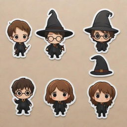 Adorable, animated sticker cutouts with a Harry Potter theme and transparent backgrounds. Include charm-filled elements like chibi versions of Harry, Hermione, Ron, the Sorting Hat, magical creatures and artifacts.