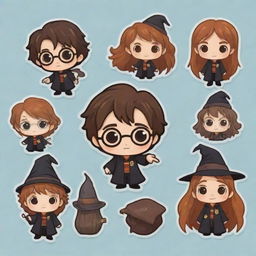 Adorable, animated sticker cutouts with a Harry Potter theme and transparent backgrounds. Include charm-filled elements like chibi versions of Harry, Hermione, Ron, the Sorting Hat, magical creatures and artifacts.