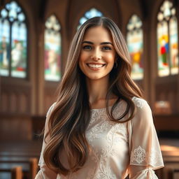 A stunning portrait of a beautiful 30-year-old Catholic woman with long, flowing hair that cascades elegantly over her shoulders