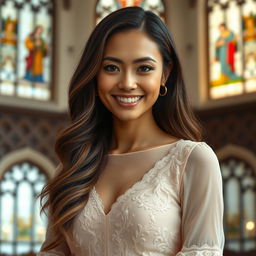 A stunning portrait of a beautiful 30-year-old Catholic woman with long, flowing hair that cascades elegantly over her shoulders