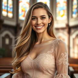 A stunning portrait of a beautiful 30-year-old Catholic woman with long, flowing hair that cascades elegantly over her shoulders