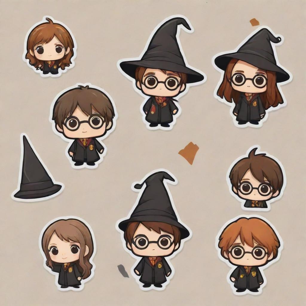 Adorable, animated sticker cutouts with a Harry Potter theme and transparent backgrounds. Include charm-filled elements like chibi versions of Harry, Hermione, Ron, the Sorting Hat, magical creatures and artifacts.