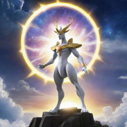 An impressive image of Arceus, known as the Original One or the God Pokemon, standing majestically against a celestial backdrop