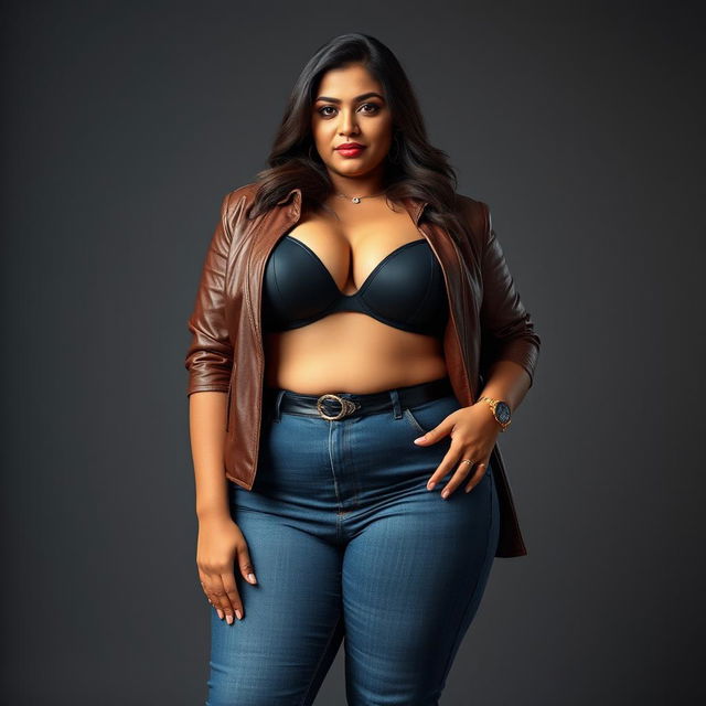 A hyper-realistic image of an Indian, curvy, and thick mature wife, embodying stunning beauty and feminine allure