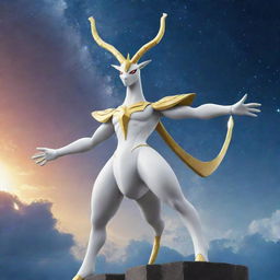 An impressive image of Arceus, known as the Original One or the God Pokemon, standing majestically against a celestial backdrop