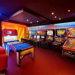 A 30 square meter games room, filled with a variety of entertainment options such as a pool table, pinball machines, video game consoles, and comfortable seating area