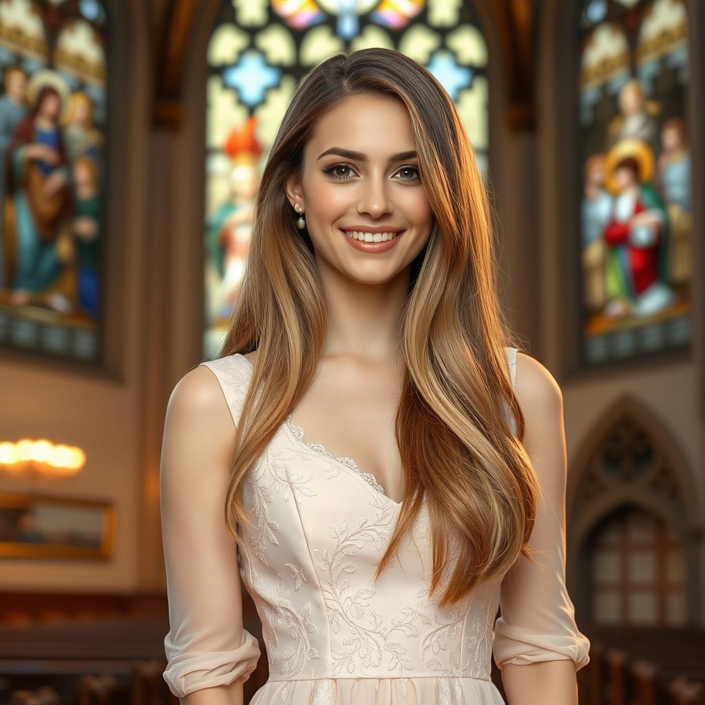 A beautiful 30-year-old Catholic woman with long, silky hair elegantly cascading down her shoulders