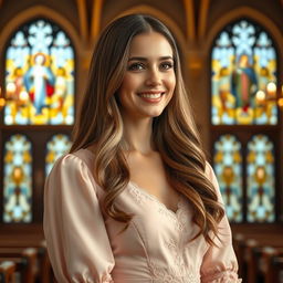 A beautiful 30-year-old Catholic woman with long, silky hair elegantly cascading down her shoulders