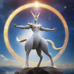 An impressive image of Arceus, known as the Original One or the God Pokemon, standing majestically against a celestial backdrop