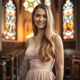 A beautiful 30-year-old Catholic woman with long, silky hair elegantly cascading down her shoulders