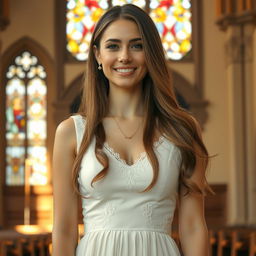 A beautiful 30-year-old Catholic woman with long, silky hair elegantly cascading down her shoulders