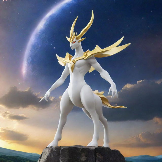 An impressive image of Arceus, known as the Original One or the God Pokemon, standing majestically against a celestial backdrop