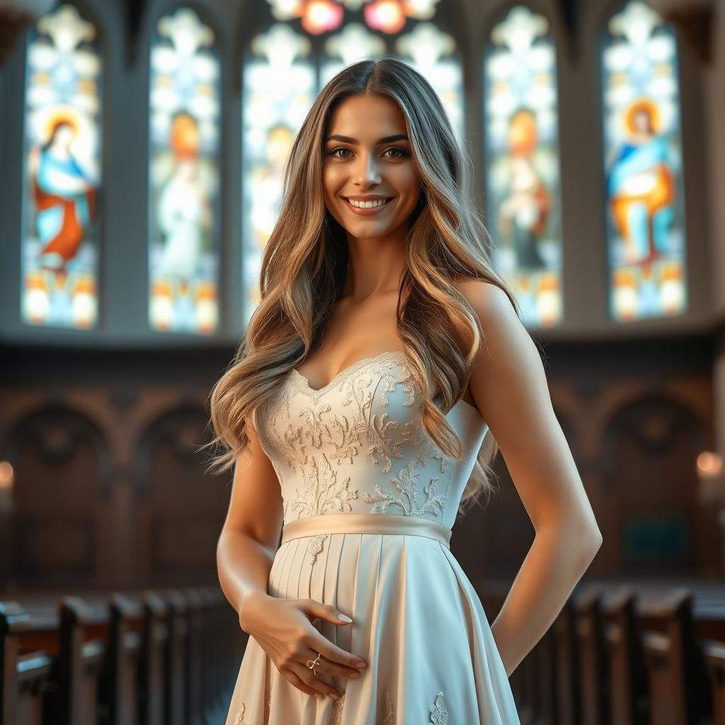 A stunning portrait of a beautiful 30-year-old Catholic woman with long, flowing hair and a confident yet gentle expression