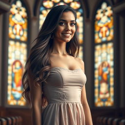 A stunning portrait of a beautiful 30-year-old Catholic woman with long, flowing hair and a confident yet gentle expression