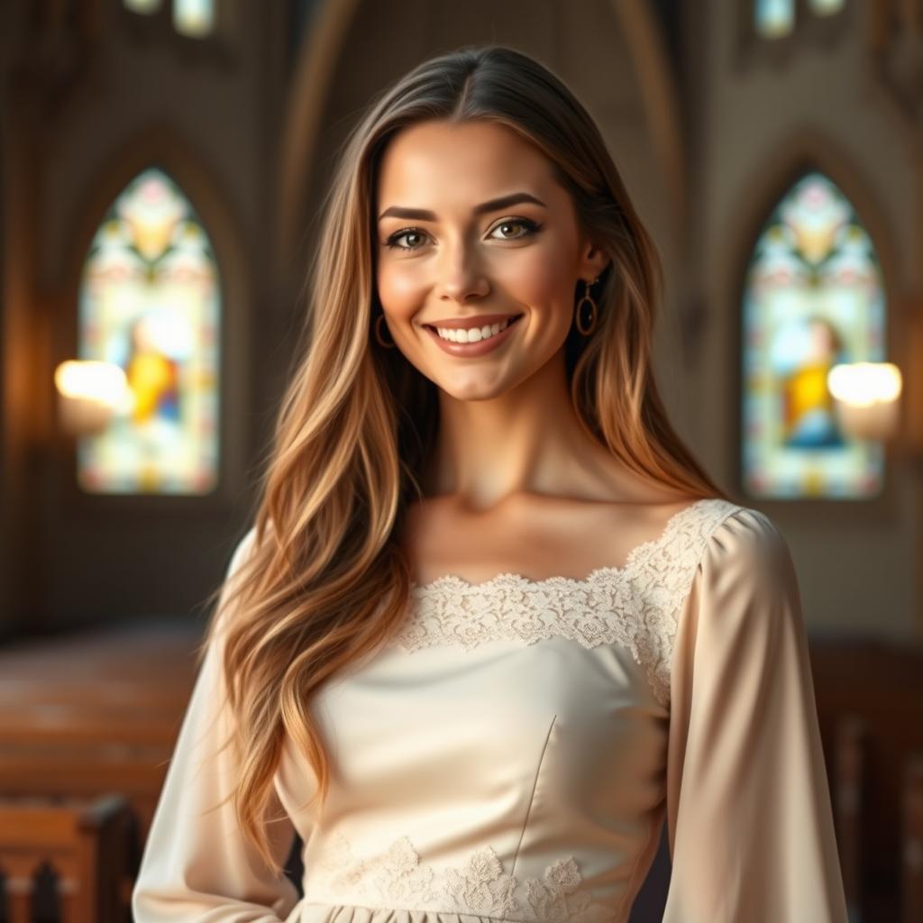 A stunning portrait of a beautiful 30-year-old Catholic woman with long, flowing hair and a confident yet gentle expression