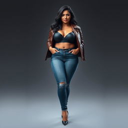 A hyper-realistic image of an Indian, curvy, and thick mature wife, showcasing her stunning beauty and feminine allure