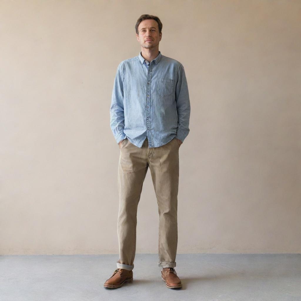 A person of average build standing in a relaxed posture. Dressed in casual, commonly worn clothes with a neutral expression, reflecting everyday normality.