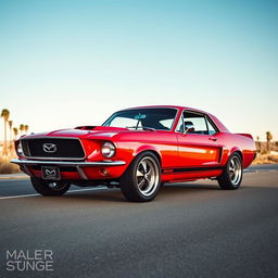 A custom-designed Mazda 2 reimagined as a classic 1969 Mustang, featuring the iconic muscular body lines and aggressive stance of the Mustang