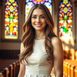 A captivating portrait of a beautiful 30-year-old Catholic woman with long, flowing hair and a confident, welcoming smile