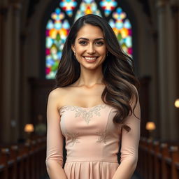 A captivating portrait of a beautiful 30-year-old Catholic woman with long, flowing hair and a confident, welcoming smile