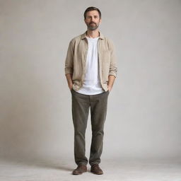 A person of average build standing in a relaxed posture. Dressed in casual, commonly worn clothes with a neutral expression, reflecting everyday normality.