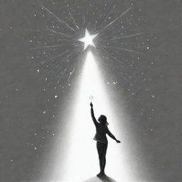 Create a monochrome, pen-drawn illustration of an individual reaching for a shining star, symbolizing dream pursuit. The image should be simple yet effective, designed for easy duplication.