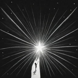 Create a monochrome, pen-drawn illustration of an individual reaching for a shining star, symbolizing dream pursuit. The image should be simple yet effective, designed for easy duplication.