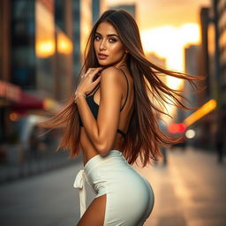 a sensual young woman with flowing long hair, wearing a stylish and alluring outfit, confidently posing in a vibrant city backdrop during sunset