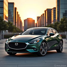 Imagine a Mazda 2 reimagined as an Aston Martin, featuring sleek and sporty lines, an elegant grille with the iconic Aston Martin emblem framed by sophisticated LED headlights