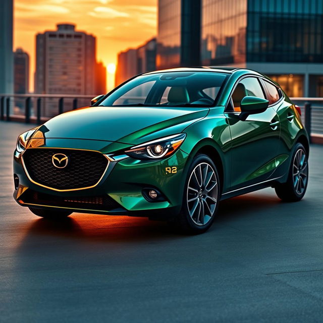 Imagine a Mazda 2 reimagined as an Aston Martin, featuring sleek and sporty lines, an elegant grille with the iconic Aston Martin emblem framed by sophisticated LED headlights