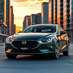 Imagine a Mazda 2 reimagined as an Aston Martin, featuring sleek and sporty lines, an elegant grille with the iconic Aston Martin emblem framed by sophisticated LED headlights