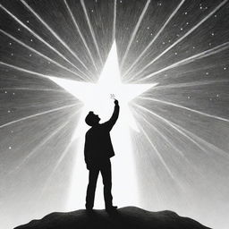 Create a monochrome, pen-drawn illustration of an individual reaching for a shining star, symbolizing dream pursuit. The image should be simple yet effective, designed for easy duplication.