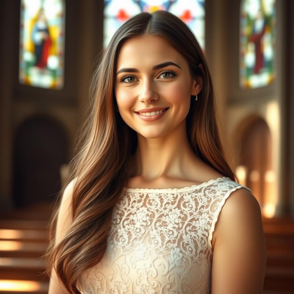 A radiant portrait of a beautiful 30-year-old Catholic woman with long, cascading hair that frames her face elegantly