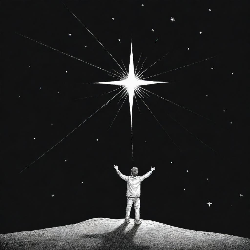 Create a monochrome, pen-drawn illustration of an individual reaching for a shining star, symbolizing dream pursuit. The image should be simple yet effective, designed for easy duplication.