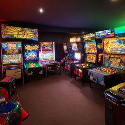 A 30 square meter games room, filled with a variety of entertainment options such as a pool table, pinball machines, video game consoles, and comfortable seating area