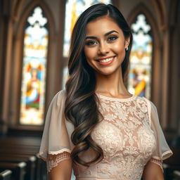 A radiant portrait of a beautiful 30-year-old Catholic woman with long, cascading hair that frames her face elegantly