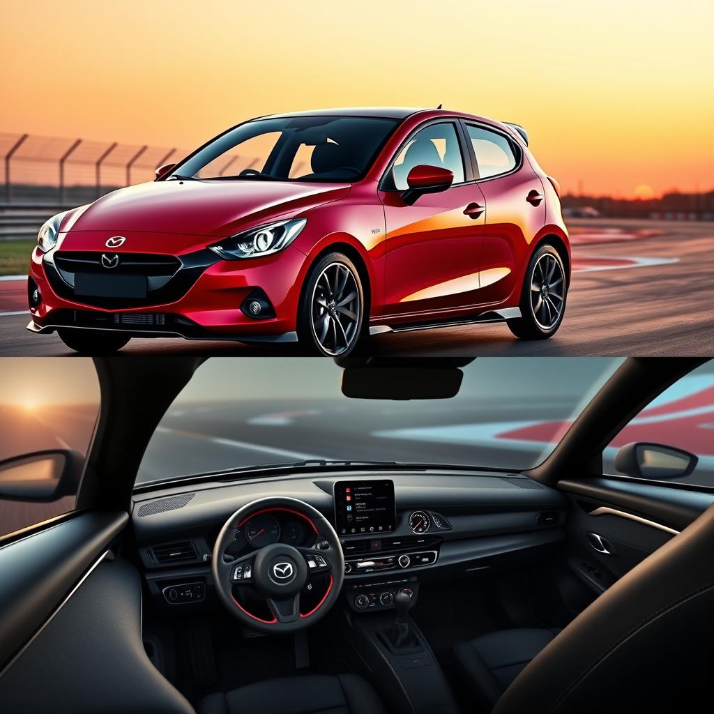 Visualize a Mazda 2 transformed into a high-performance Porsche, characterized by a sleek, aerodynamic silhouette and distinctive design elements inspired by Porsche's legendary aesthetics