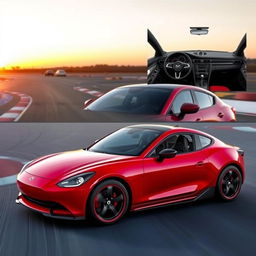 Visualize a Mazda 2 transformed into a high-performance Porsche, characterized by a sleek, aerodynamic silhouette and distinctive design elements inspired by Porsche's legendary aesthetics