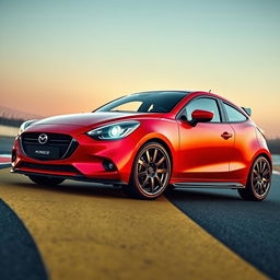 Visualize a Mazda 2 transformed into a high-performance Porsche, characterized by a sleek, aerodynamic silhouette and distinctive design elements inspired by Porsche's legendary aesthetics