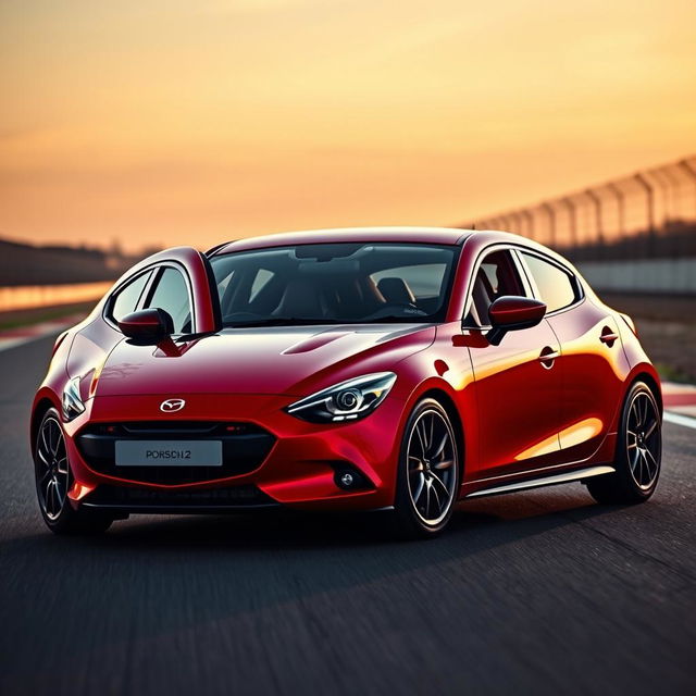 Visualize a Mazda 2 transformed into a high-performance Porsche, characterized by a sleek, aerodynamic silhouette and distinctive design elements inspired by Porsche's legendary aesthetics