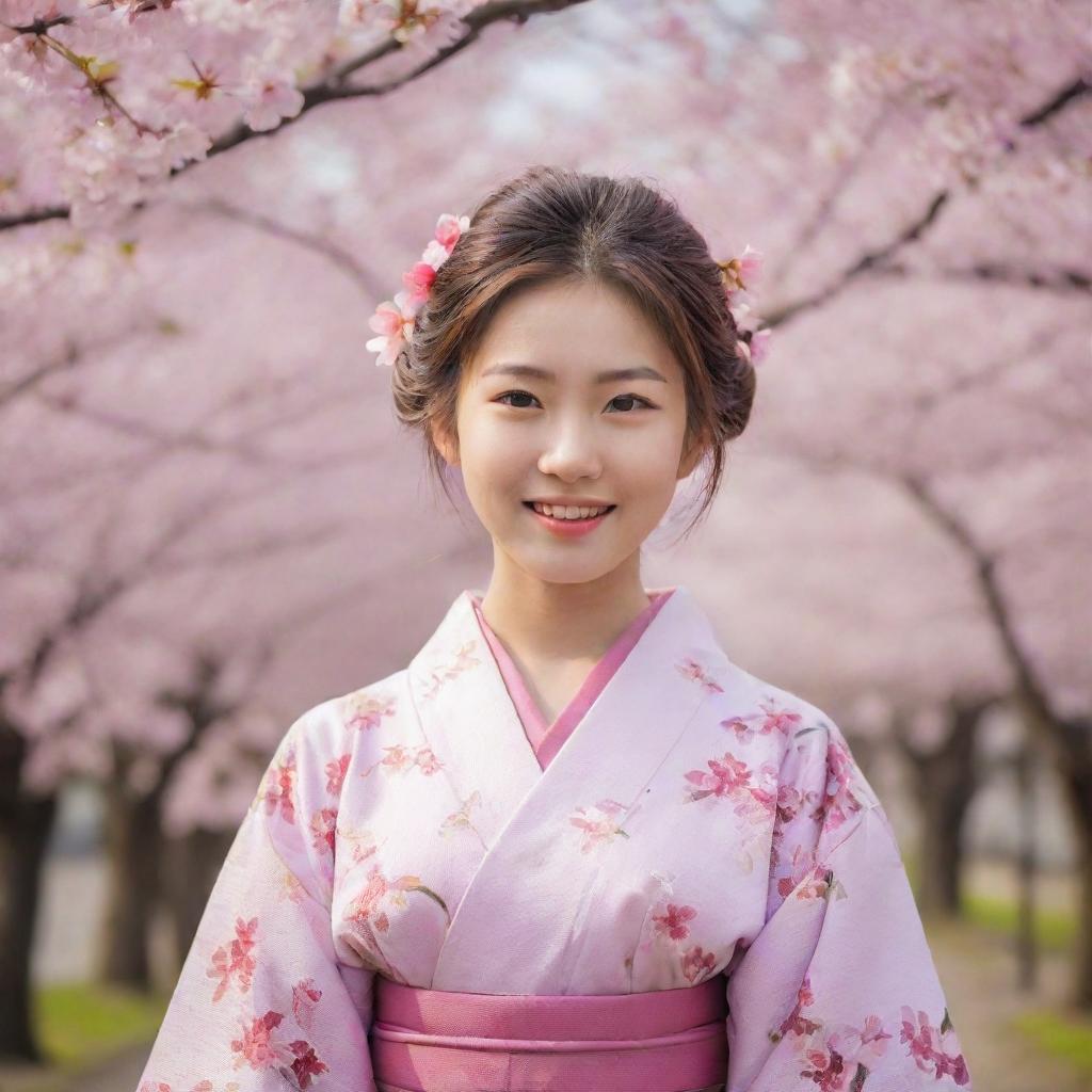 A youthful and cheerful Japanese girl in a traditional kimono, surrounded by cherry blossom trees in spring bloom